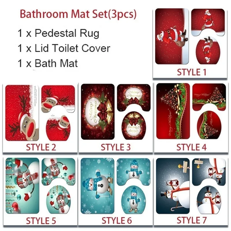 7 Styles Bathroom Non-Slip Santa Father Snow Snowman Christmas Style Decor-Pedestal Rug Lid Toilet Cover Bath Mat Shower Curtain Bathroom Decoration Set