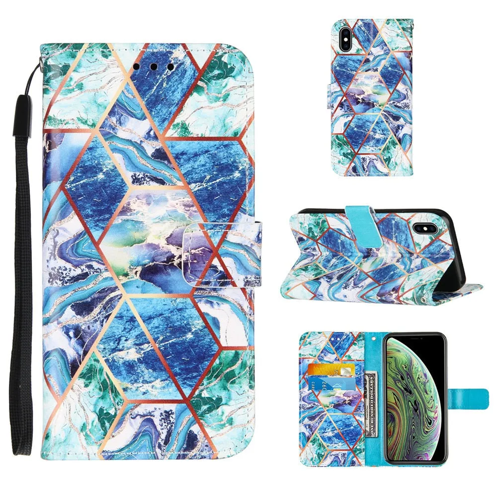 Anymob iPhone Case Northern lights Color Marble Leather Magnetic Flip Wallet Cover