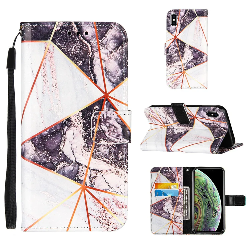 Anymob iPhone Case Northern lights Color Marble Leather Magnetic Flip Wallet Cover