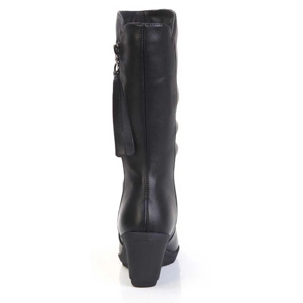Black mid calf wedge boots for winter