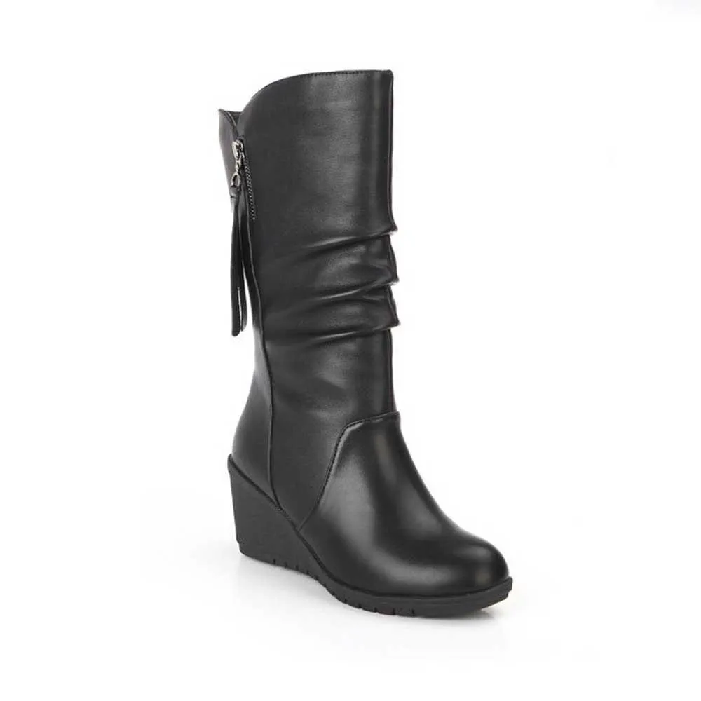 Black mid calf wedge boots for winter