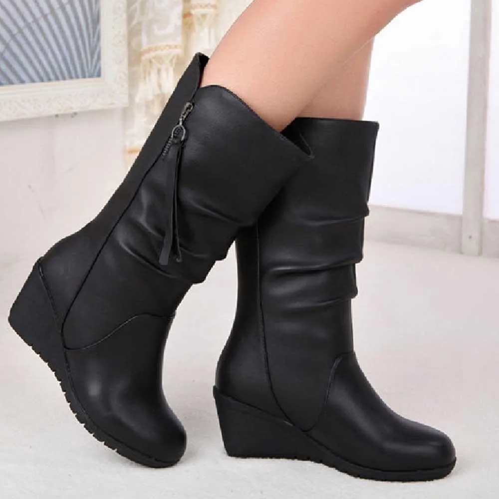 Black mid calf wedge boots for winter