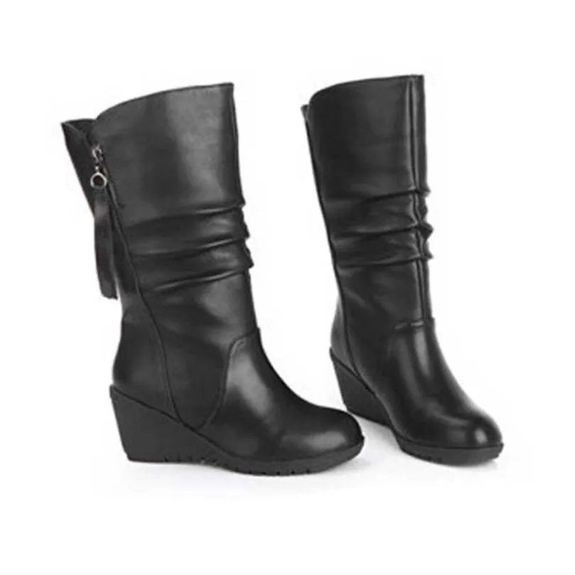 Black mid calf wedge boots for winter