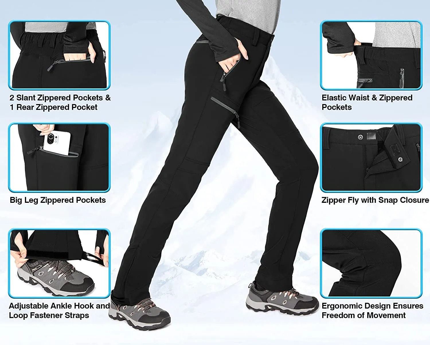 Cycorld Women's-Softshell-Ski-Snow-Pants,Fleece-Lined Winter-Hiking-Cargo-Pants, Work Outdoor Snowboarding Pants