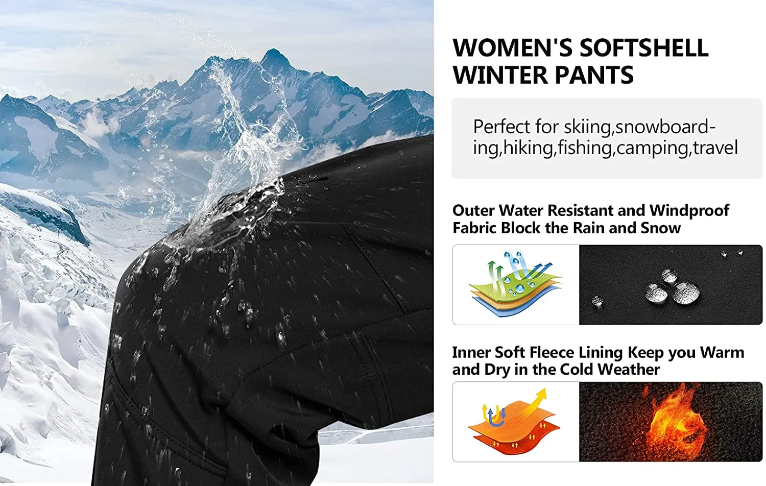 Cycorld Women's-Softshell-Ski-Snow-Pants,Fleece-Lined Winter-Hiking-Cargo-Pants, Work Outdoor Snowboarding Pants