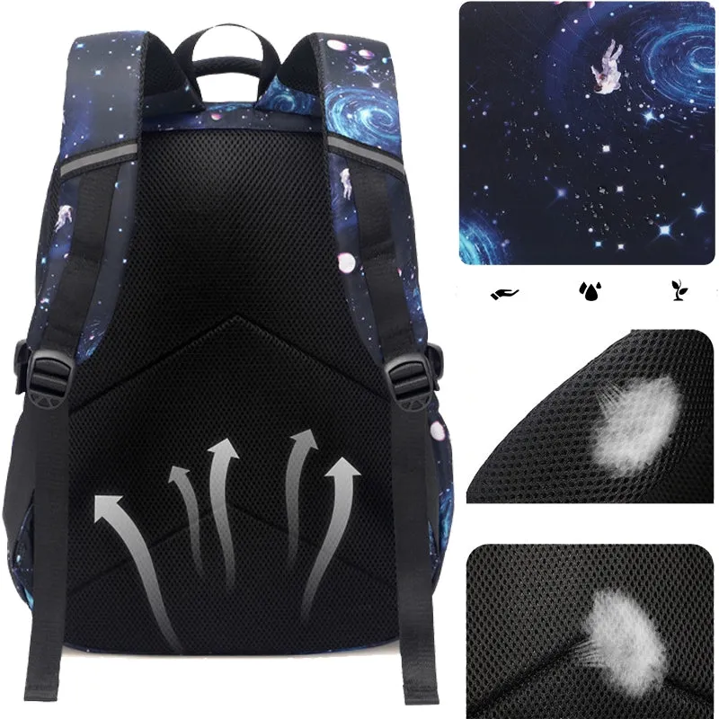 Kids Backpack With Lunch Box School Backpacks - Black Blue Book Bags For Boys Starry Printed Backpack Set Bags Kit BookBag