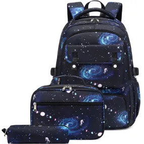 Kids Backpack With Lunch Box School Backpacks - Black Blue Book Bags For Boys Starry Printed Backpack Set Bags Kit BookBag