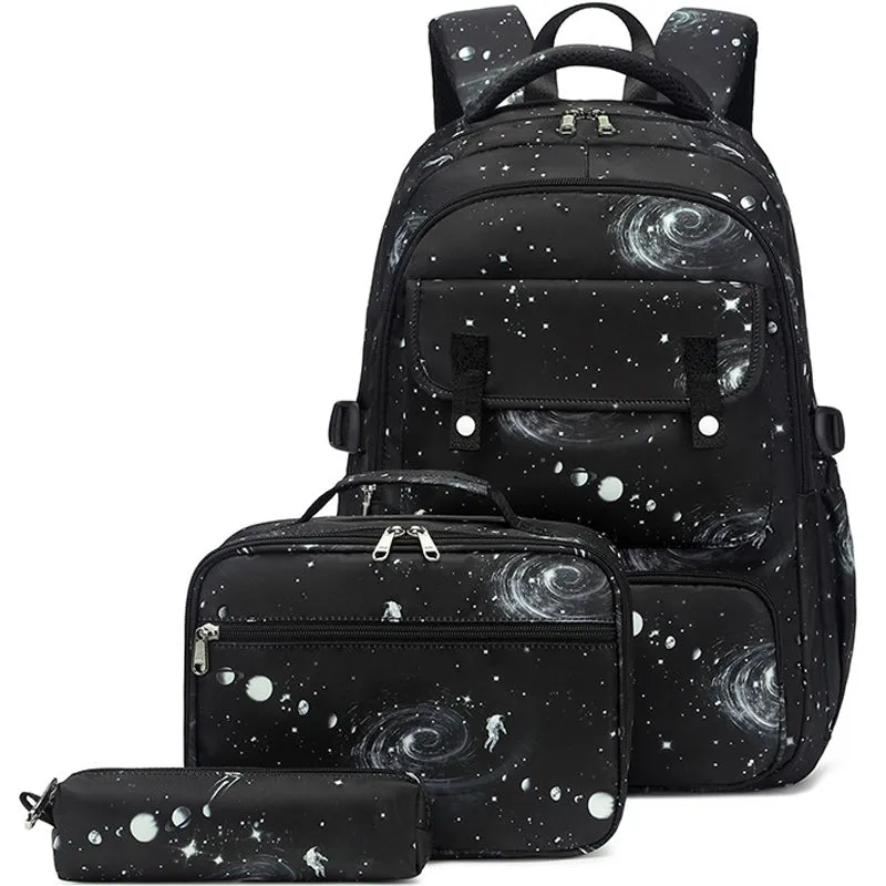 Kids Backpack With Lunch Box School Backpacks - Black Blue Book Bags For Boys Starry Printed Backpack Set Bags Kit BookBag