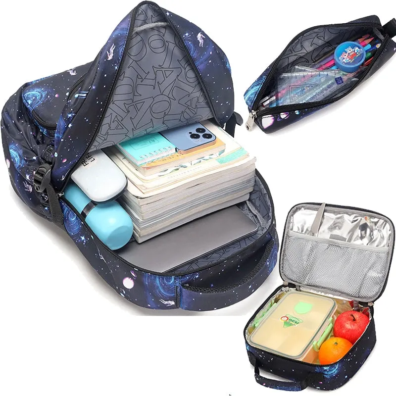 Kids Backpack With Lunch Box School Backpacks - Black Blue Book Bags For Boys Starry Printed Backpack Set Bags Kit BookBag