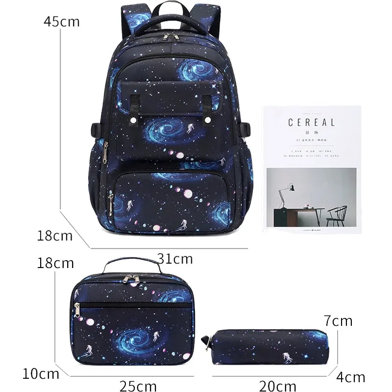 Kids Backpack With Lunch Box School Backpacks - Black Blue Book Bags For Boys Starry Printed Backpack Set Bags Kit BookBag