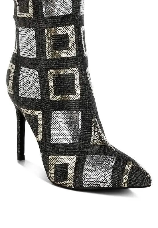 Shimmering Checkered Sequin Stiletto Knee High Boots