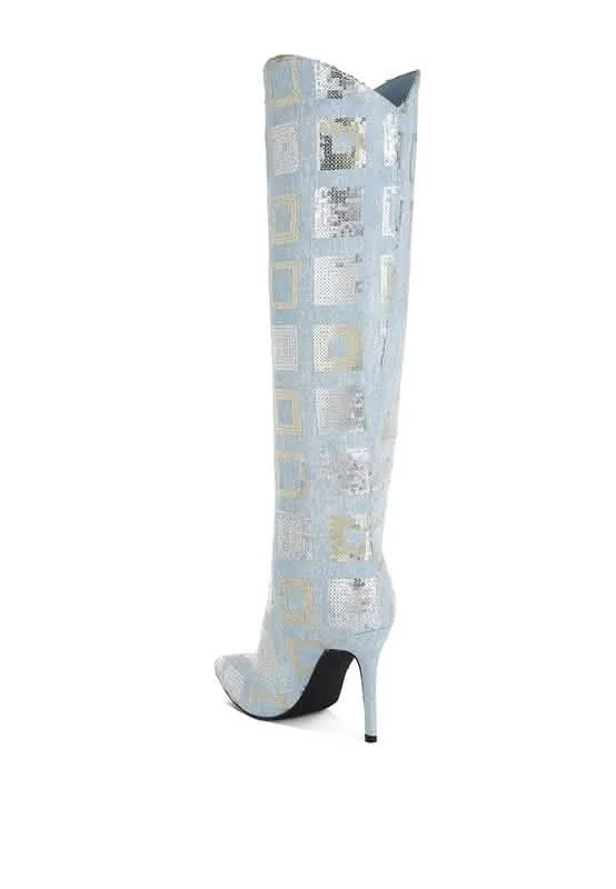 Shimmering Checkered Sequin Stiletto Knee High Boots