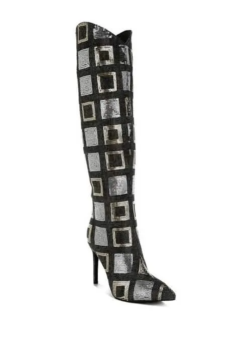 Shimmering Checkered Sequin Stiletto Knee High Boots