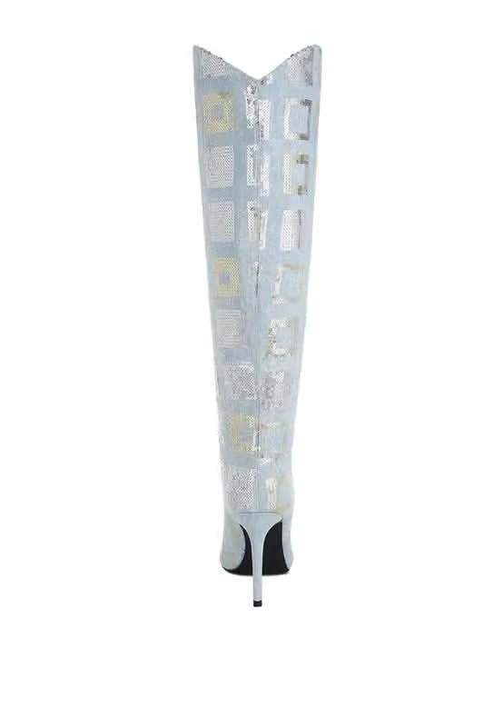 Shimmering Checkered Sequin Stiletto Knee High Boots