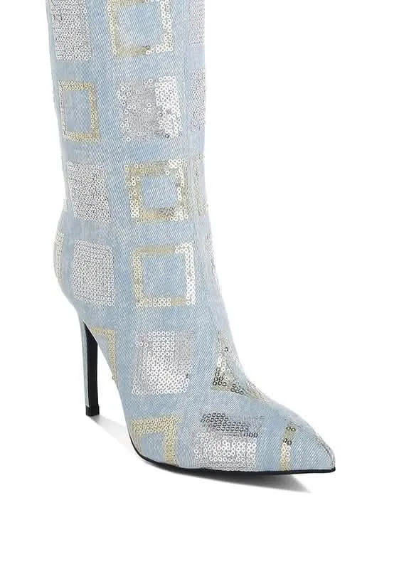 Shimmering Checkered Sequin Stiletto Knee High Boots