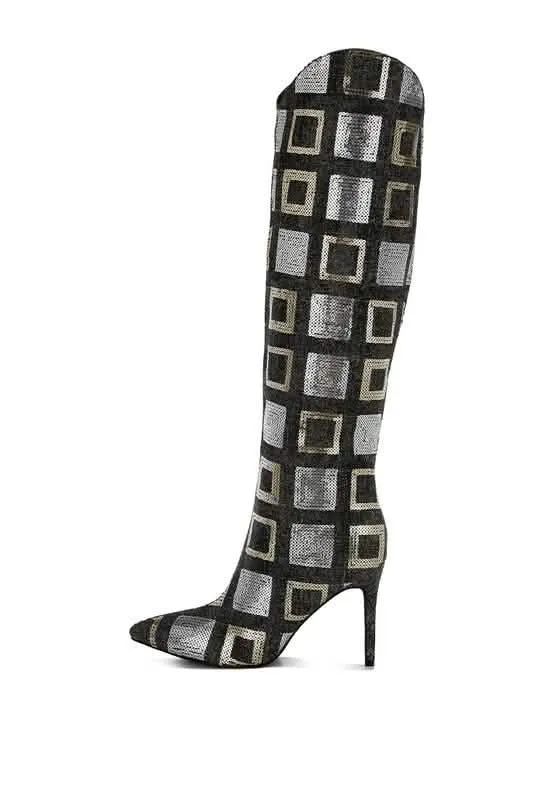 Shimmering Checkered Sequin Stiletto Knee High Boots