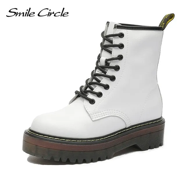 Smile Circle Size 35-42 Flat Platform Boots Women Shoes Autumn Winter Fur Fashion Round Toe Lace-up Leather Boots Ladies Shoes