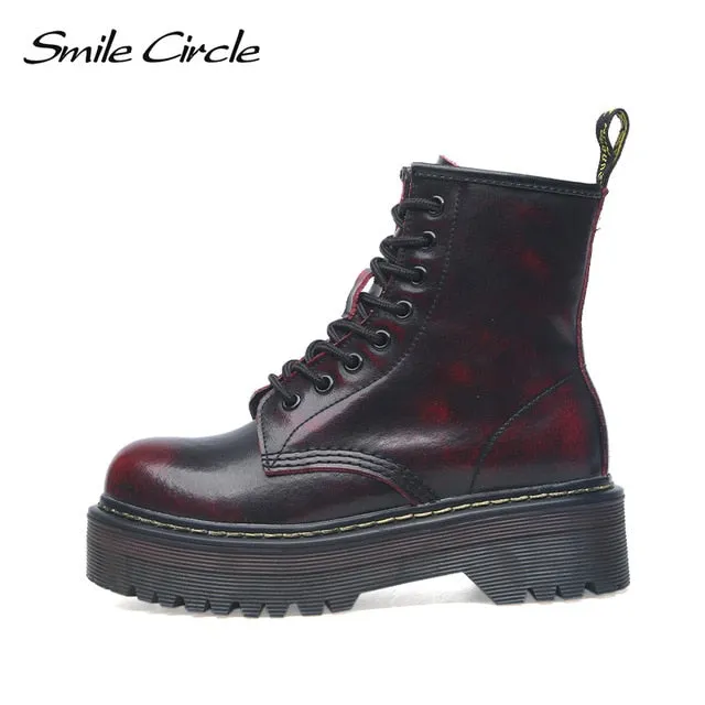 Smile Circle Size 35-42 Flat Platform Boots Women Shoes Autumn Winter Fur Fashion Round Toe Lace-up Leather Boots Ladies Shoes