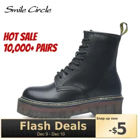 Smile Circle Size 35-42 Flat Platform Boots Women Shoes Autumn Winter Fur Fashion Round Toe Lace-up Leather Boots Ladies Shoes