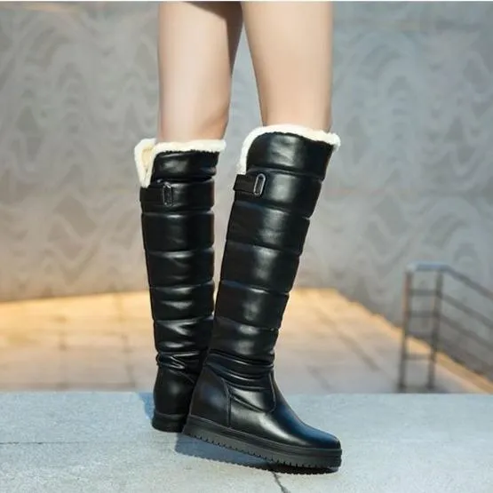 Women solid color platform winter faux fur knee high snow boots