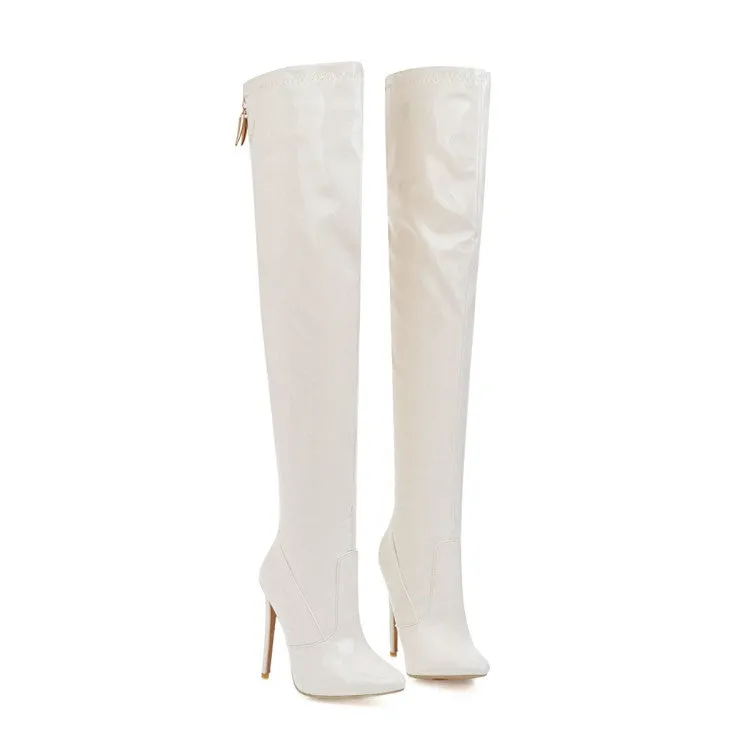 Women's Pu Leather Pointed Toe Stitching Back Zippers Stiletto Heel Over the Knee Boots